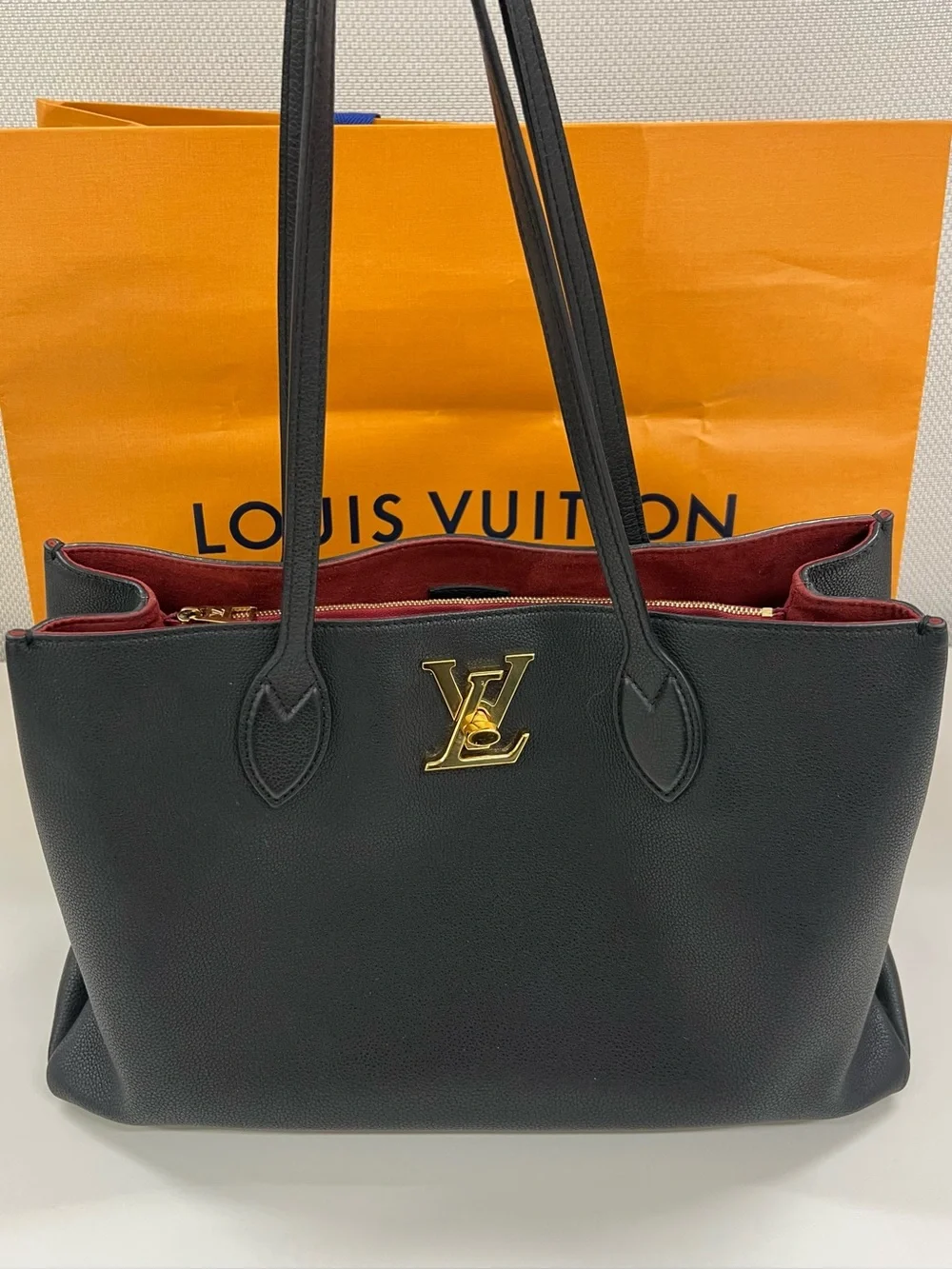 Louis Vuitton Black Leather LV Logo Lock me Shopper Tote Bag